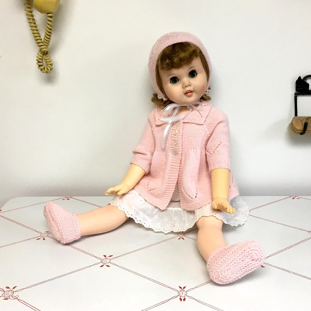 Baby Pink Sweater, Bonnet & Booties - Merino & Angora - Hand Knit - NO DOLL